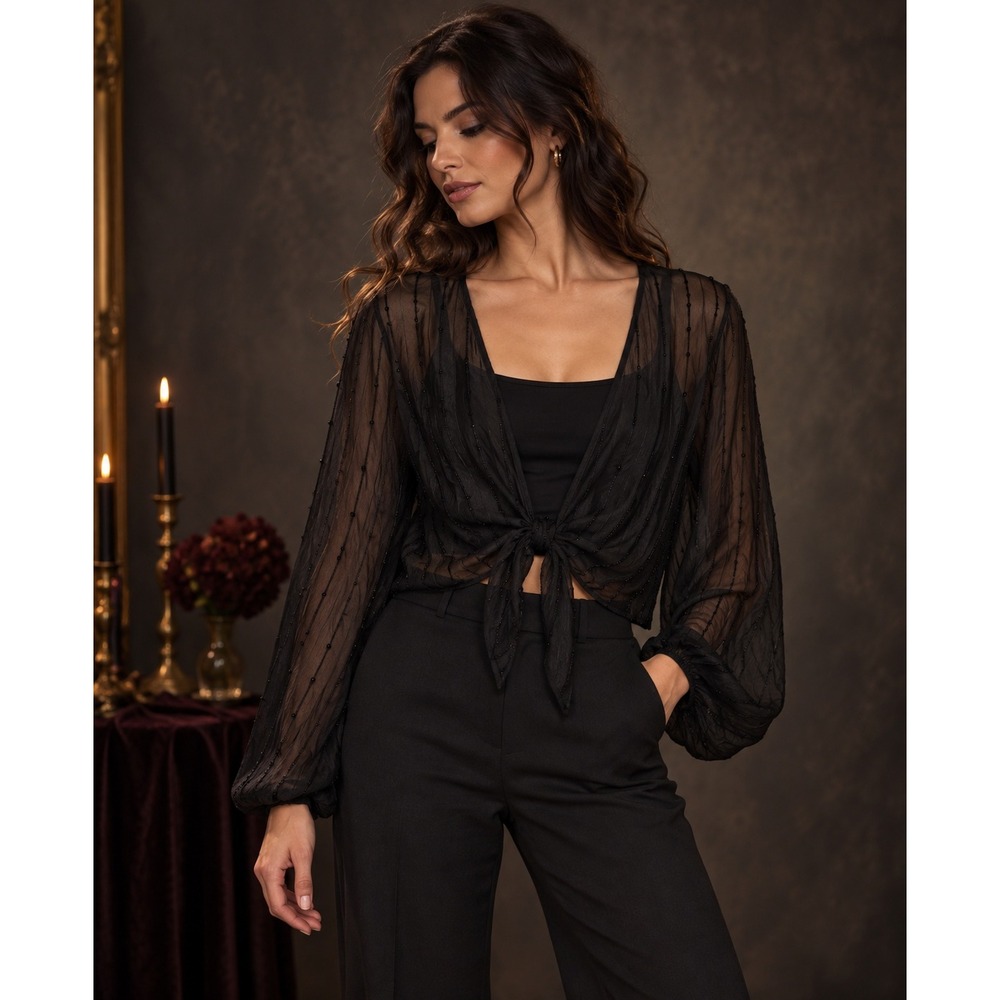 White Stag Sheer Black Tie Front Blouse L 12 14 Sequin Dark Romantic